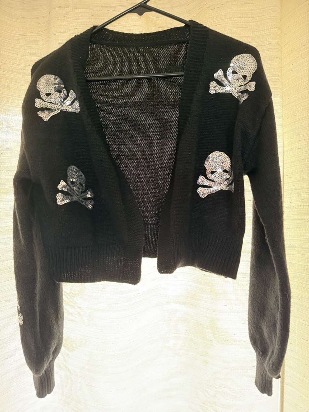 SHEIN Black Cropped Cardigan with Silver Sequin Skull Embellishments